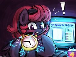 Size: 960x720 | Tagged: safe, artist:lumineko, oc, oc only, oc:quick draw, 30 minute art challenge, clock, computer, headset, open mouth