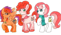 Size: 2560x1481 | Tagged: safe, artist:unoriginai, oc, oc only, oc:apeedster, oc:center stage, oc:cherry pie, pegasus, pony, unicorn, colt, crack shipping, cute, female, line-up, magical lesbian spawn, male, mare, offspring, parent:apple bloom, parent:fluttershy, parent:pinkie pie, parent:rainbow dash, parent:scootaloo, parent:sweetie belle, parents:flutterbelle, parents:pinkiebloom, parents:scootadash, traditional art