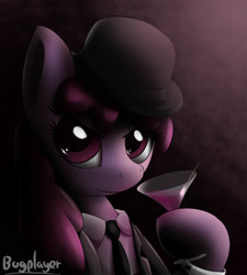 Size: 1800x2000 | Tagged: safe, artist:bugplayer, berry punch, berryshine, bowler hat, clothes, glass, hat, hoof hold, martini, necktie, solo, suit, wine glass