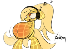 Size: 3000x2000 | Tagged: safe, artist:xodisvorebin, oc, oc only, oc:waffle, food pony, original species, belly, commercial reference, eggo, fetish, headphones, high res, implied vore, open mouth, ponified, wa-full, waffle, waffle pony, wat