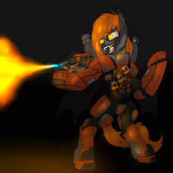 Size: 1600x1600 | Tagged: safe, artist:slouping, oc, oc only, oc:backburner, oc:frostfire, bat pony, ghoul, pony, fallout equestria, armor, bat wings, bipedal, crazy face, faic, fangs, female, fire, flamethrower, grenade, happy burny time, mare, pyromaniac, scar, slit eyes, smiling, solo, weapon