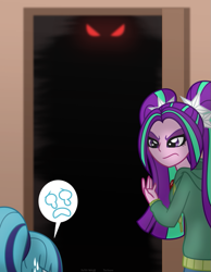 Size: 695x896 | Tagged: safe, artist:faith-wolff, aria blaze, sonata dusk, kaiju, fanfic:the bridge, equestria girls, crossover, dark, female, glowing eyes, godzilla (series), humanized, monster x, red eyes, toho