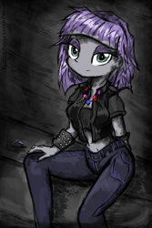 Size: 1000x1500 | Tagged: safe, artist:flutterthrash, boulder (pet), maud pie, equestria girls, rainbow rocks, belly button, clothes, heavy metal, jacket, leather jacket, metal, midriff, rocker