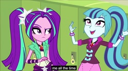 Size: 2560x1432 | Tagged: safe, screencap, aria blaze, sonata dusk, equestria girls, rainbow rocks, lockers, meme, youtube caption