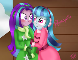 Size: 780x600 | Tagged: safe, artist:tinacrazy29, aria blaze, sonata dusk, equestria girls, a dazzling winter, arisona, blushing, cute, female, lesbian, shipping, winter