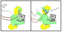 Size: 1515x796 | Tagged: safe, artist:zippysqrl, oc, oc only, oc:viva reverie, bit, bridle, comic, computer, dialogue, laptop computer, offscreen character, reins, sequence, sitting, solo, speech, spread wings, underhoof, whip, whipping