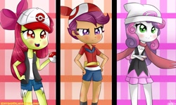 Size: 3000x1800 | Tagged: safe, artist:vixelzf, apple bloom, scootaloo, sweetie belle, equestria girls, crossover, cutie mark crusaders, dawn (pokémon), hilda, may, pokéball, pokémon