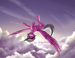 Size: 3200x2496 | Tagged: safe, artist:lightly-san, oc, oc only, pegasus, pony, cloud, commission, female, flying, mare, sky, smiling, solo, stars, upside down