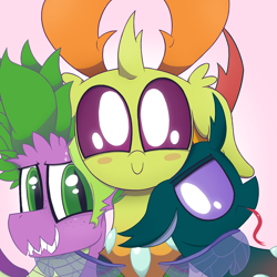 Size: 2050x2050 | Tagged: safe, artist:dragonpone, derpibooru exclusive, pharynx, spike, thorax, changedling, changeling, dragon, blush sticker, blushing, c:, changedling brothers, freckles, gay, grin, hug, king thorax, lidded eyes, looking at you, male, nervous, nervous grin, older, older spike, prince pharynx, shipping, side hug, smiling, sweat, teenage spike, teenager, thoraxspike, tongue out, unamused, winged spike, winghug