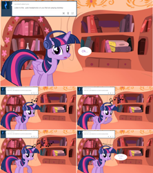 Size: 1284x1446 | Tagged: safe, artist:hakunohamikage, twilight sparkle, twilight sparkle (alicorn), alicorn, pony, ask, ask-princesssparkle, golden oaks library, headphones, music notes, solo, tumblr