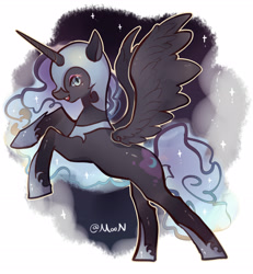 Size: 3743x4043 | Tagged: safe, artist:crazymoon, nightmare moon, alicorn, pony, armor, looking at you, moonabetes, pixiv, rearing, smiling, solo, spread wings, stars, wings