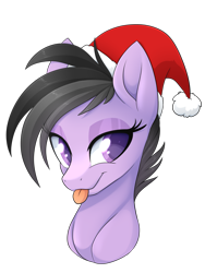 Size: 1937x2579 | Tagged: safe, artist:scarlet-spectrum, oc, oc only, oc:chloe jones, pony, :p, bedroom eyes, bust, christmas, female, hat, holiday, mare, santa hat, simple background, smiling, solo, tongue out, transparent background