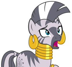 Size: 3372x3156 | Tagged: safe, artist:sketchmcreations, zecora, zebra, it isn't the mane thing about you, bracelet, ear piercing, earring, female, jewelry, neck rings, open mouth, piercing, quadrupedal, raised eyebrow, raised hoof, shocked, simple background, transparent background, vector