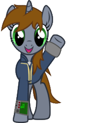 Size: 524x740 | Tagged: safe, artist:raindashesp, oc, oc only, oc:littlepip, pony, unicorn, fallout equestria, animated, clothes, fanfic, fanfic art, female, gif, mare, pipbuck, simple background, solo, transparent background, vault suit, waving
