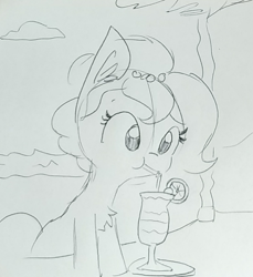 Size: 703x766 | Tagged: safe, artist:tjpones, oc, oc only, oc:brownie bun, earth pony, pony, horse wife, beach, bendy straw, bipedal, bipedal leaning, chest fluff, cocktail, drink, drinking, drinking straw, ear fluff, female, grayscale, leaning, lineart, mare, monochrome, ocean, solo, traditional art