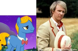 Size: 655x426 | Tagged: safe, doctor whooves, perfect pace, pony, bowtie, clothes, comparison, doctor who, fifth doctor, frock coat, irl, jumper, panama hat, peter davison, photo, screenshots, shirt, slowpoke