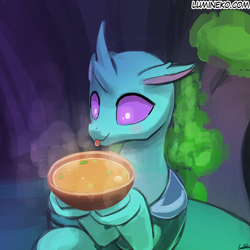 Size: 750x750 | Tagged: safe, artist:lumineko, soupling, changedling, changeling, to change a changeling, :p, bowl, curved horn, cute, cuteling, eyes on the prize, floppy ears, food, hoof hold, male, smiling, solo, soup, that changeling sure does love soup, tongue out, underhoof