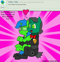 Size: 1024x1053 | Tagged: safe, artist:cobaltlegion, oc, oc only, oc:chilly willy, oc:maxwell, pony, robot, robot pony, unicorn, bowtie, comic sans, deviantart, duo, female, glasses, happy, heart, hug, mare, one eye closed, wink