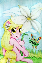 Size: 1061x1560 | Tagged: safe, artist:smartypurple, lily, lily valley, butterfly, pony, female, flower, flower in hair, leaf, lily (flower), mare, meh, solo, traditional art