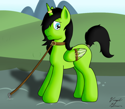 Size: 2262x1974 | Tagged: safe, artist:virgil green, oc, oc only, oc:virgil green, alicorn, pony, alicorn oc, belt, bondage, bound wings, collar, green, horn ring, leash, magic suppression, male, pet, shadow, slave, solo, stallion, tether