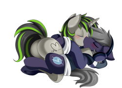 Size: 3509x2550 | Tagged: safe, artist:pridark, oc, oc only, oc:beat, oc:plot frequency, pony, unicorn, blushing, clothes, commission, eyes closed, female, floppy ears, headphones, kissing, male, mare, oc x oc, plot, shipping, simple background, straight, sweater, transparent background