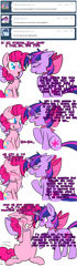 Size: 700x2500 | Tagged: safe, artist:justagirlonline, pinkie pie, twilight sparkle, earth pony, pony, unicorn, ask, ask cute twinkie pie, blushing, comic, female, lesbian, neck bow, shipping, tumblr, twinkie