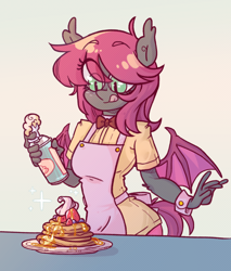 Size: 1106x1300 | Tagged: safe, artist:trgreta, oc, oc only, oc:strawberry pancake, anthro, bat pony, anthro oc, bat pony oc, clothes, cute, female, food, mare, pancakes, simple background, solo, tongue out, whipped cream