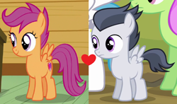 Size: 1124x662 | Tagged: safe, edit, edited screencap, screencap, rumble, scootaloo, pegasus, pony, colt, female, filly, male, rumbloo, shipping, shipping domino, straight