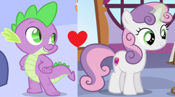 Size: 1000x554 | Tagged: safe, edit, edited screencap, screencap, spike, sweetie belle, dragon, female, interspecies, male, shipping, shipping domino, spikebelle, straight