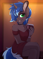 Size: 1408x1914 | Tagged: safe, artist:meggchan, oc, oc only, oc:lock down, anthro, unguligrade anthro, unicorn, alcohol, anthro oc, bar, blushing, chest fluff, choker, clothes, crossdressing, cup, dress, ear fluff, femboy, looking at you, male, malesub, red dress, sitting, smiling, solo, stallion, submissive, trap, unicorn malesub, unicorn oc, wine