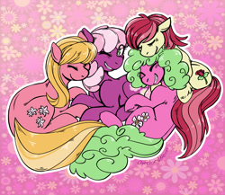 Size: 3000x2601 | Tagged: safe, artist:overlordneon, cheerilee, daisy, flower wishes, lily, lily valley, roseluck, earth pony, pony, cheerily, cheerirose, cheerithree, cheeriwishes, cuddling, female, flower trio, gradient background, lesbian, lilywishes, mare, one eye closed, polyamory, roselily, rosewishes, shipping