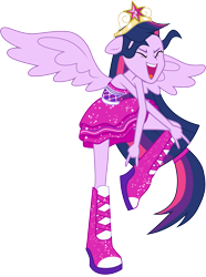 Size: 3001x4044 | Tagged: safe, artist:cloudyglow, twilight sparkle, twilight sparkle (alicorn), alicorn, equestria girls, equestria girls (movie), .ai available, absurd resolution, adorkable, boots, clothes, crown, cute, dancing, devil horn (gesture), do the sparkle, dork, dress, eyes closed, fall formal, fall formal outfits, female, regalia, shoes, simple background, solo, transparent background, vector, wings