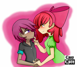 Size: 750x650 | Tagged: safe, artist:caoscore, apple bloom, scootaloo, equestria girls, blushing, clothes, dark skin, female, holding hands, lesbian, looking at each other, scootabloom, shipping