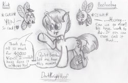 Size: 2407x1559 | Tagged: safe, artist:darkknighthoof, oc, oc only, oc:beelzebug, oc:darkknighthoof, oc:pixx, angel, parasprite, pony, unicorn, annoyed, blushing, bowtie, devil, fangs, halo, magic, male, milestone, milestone celebration, open mouth, sketch, snake tail, speech bubble, stallion, traditional art, transformation, waving