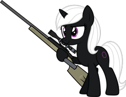 Size: 2101x1634 | Tagged: safe, artist:zacatron94, oc, oc only, oc:sharp shooter, pony, unicorn, cutie mark, female, gun, hooves, horn, mare, optical sight, rifle, simple background, sniper rifle, solo, transparent background, vector, weapon