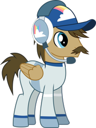 Size: 1032x1373 | Tagged: safe, artist:frownfactory, pegasus, pony, rainbow falls, .svg available, background pony, baseball cap, blue eyes, brown hair, brown mane, brown tail, cap, clothes, facial hair, hat, headphones, headset, male, moustache, simple background, solo, stallion, svg, transparent background, vector, wings