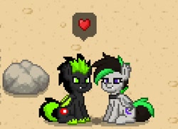 Size: 352x255 | Tagged: safe, oc, oc only, oc:envy dio, oc:night wing, bat pony, pony, fangs, female, love, male, pony town, shipping, sitting, stallion, stone, wings