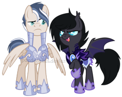 Size: 1024x812 | Tagged: safe, artist:equestria-prevails, artist:ipandacakes, oc, oc only, oc:ice lance, oc:raven shadow, bat pony, pegasus, pony, armor, base used, female, grin, male, mare, night guard, open mouth, raised leg, simple background, smiling, stallion, transparent background