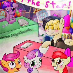 Size: 1024x1024 | Tagged: safe, artist:potatobug, derpibooru exclusive, apple bloom, scootaloo, songbird serenade, sweetie belle, twilight sparkle, twilight sparkle (alicorn), alicorn, my little pony: the movie, autograph, cutie mark crusaders, derp, envy, faic, requested art, sweetie derp