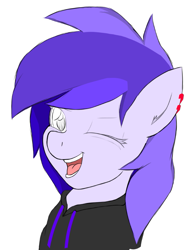 Size: 693x887 | Tagged: artist needed, safe, oc, oc only, earth pony, pony, /mlp/, 4chan, clothes, drawthread, ear piercing, earring, hoodie, jewelry, looking at you, one eye closed, partial color, piercing, smiling, wink