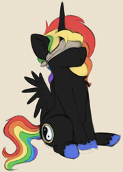 Size: 814x1131 | Tagged: safe, artist:marsminer, oc, oc only, oc:rainbow moon, alicorn, alicorn oc, blindfold, rainbow hair, sitting, solo, unshorn fetlocks, yin-yang