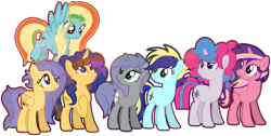 Size: 1024x515 | Tagged: safe, artist:fragrance-mlpng, oc, oc only, oc:broken armor, oc:cotton fluff, oc:crystal clear, oc:magical smile, oc:sparkle, oc:twisty wind, oc:zappy apple, earth pony, pegasus, pony, unicorn, female, mare, offspring, parent:applejack, parent:big macintosh, parent:cheese sandwich, parent:flash sentry, parent:fluttershy, parent:party favor, parent:pinkie pie, parent:rainbow dash, parent:rarity, parent:soarin', parent:starlight glimmer, parent:thunderlane, parent:twilight sparkle, parent:zephyr breeze, parents:cheeselight, parents:flutterflash, parents:glimmermac, parents:partypie, parents:rarilane, parents:soarinjack, parents:zephdash, simple background, transparent background