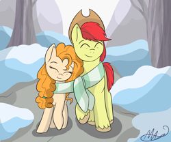 Size: 3600x3000 | Tagged: safe, artist:sugarwings-art, bright mac, pear butter, earth pony, pony, the perfect pear, brightbutter, clothes, cowboy hat, cute, eyes closed, female, hat, love, male, scarf, scene interpretation, shared clothing, shared scarf, shipping, snow, stetson, straight, unshorn fetlocks, winter