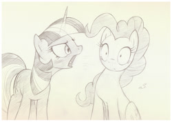 Size: 1008x713 | Tagged: safe, artist:sherwoodwhisper, pinkie pie, twilight sparkle, earth pony, pony, unicorn, duo, grayscale, monochrome, open mouth, pencil drawing, shout, simple background, traditional art, yelling