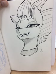 Size: 720x960 | Tagged: safe, artist:polubroni, artist:polubrony, tempest shadow, pony, unicorn, my little pony: the movie, armor, broken horn, bust, eye scar, magic, monochrome, portrait, scar, smiling, solo, traditional art