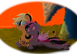 Size: 1754x1240 | Tagged: safe, artist:megatj, oc, oc only, oc:raspberry eldan, oc:raven, changeling, collar, cuddling, female, male, oc x oc, shipping, snuggling, straight, sunset, tiger pony