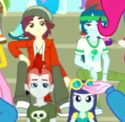 Size: 324x317 | Tagged: safe, screencap, blueberry cake, captain planet, crimson napalm, normal norman, eqg summertime shorts, equestria girls, steps of pep, background human, female, male