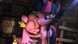 Size: 1920x1080 | Tagged: safe, artist:blackfalcon8, owlowiscious, spike, twilight sparkle, twilight sparkle (alicorn), alicorn, dragon, 3d, candle, hug, mama twilight, source filmmaker, spikelove, winghug