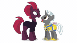Size: 853x480 | Tagged: safe, artist:dm29, derpibooru exclusive, tempest shadow, oc, oc:scope, pony, unicorn, my little pony: the movie, adobe illustrator, animated, armor, broken horn, cursor, duo, eye scar, female, male, mare, open mouth, royal guard, scar, shocked, show accurate, simple background, size difference, smaller male, stallion, this will end in tears and/or death, touch