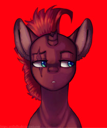 Size: 2363x2832 | Tagged: safe, artist:a-vomikaa, artist:artflaffu, tempest shadow, pony, unicorn, my little pony: the movie, broken horn, bust, eye scar, female, lidded eyes, looking away, looking sideways, mare, portrait, red background, scar, simple background, solo
